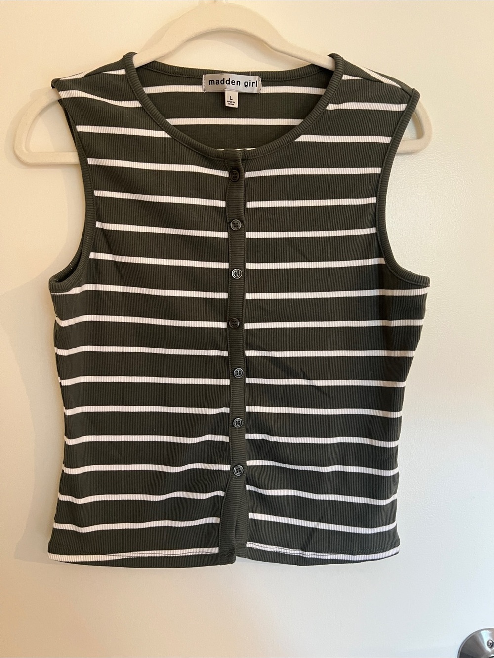Madden Girl Olive Green & White Striped Ribbed Button Tank